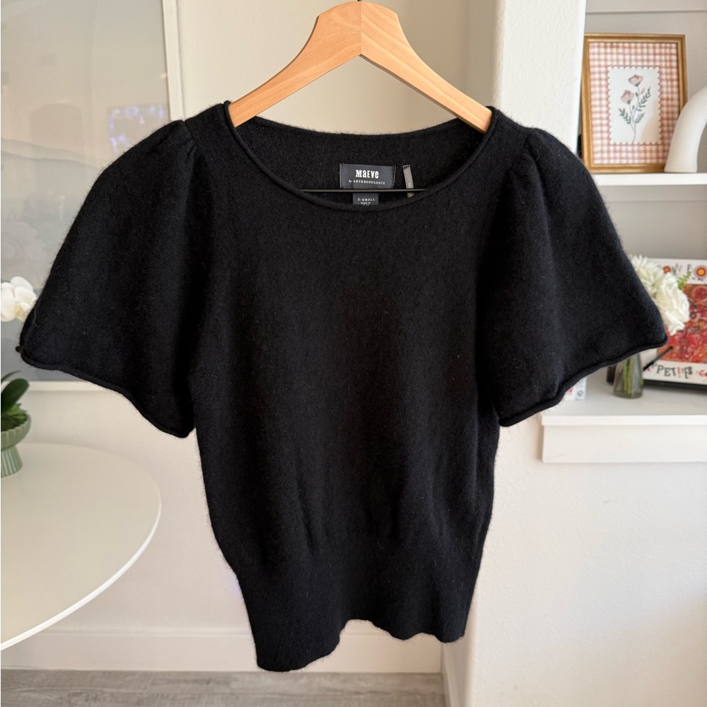 Maeve Black Cashmere Puff Sleeve Sweater